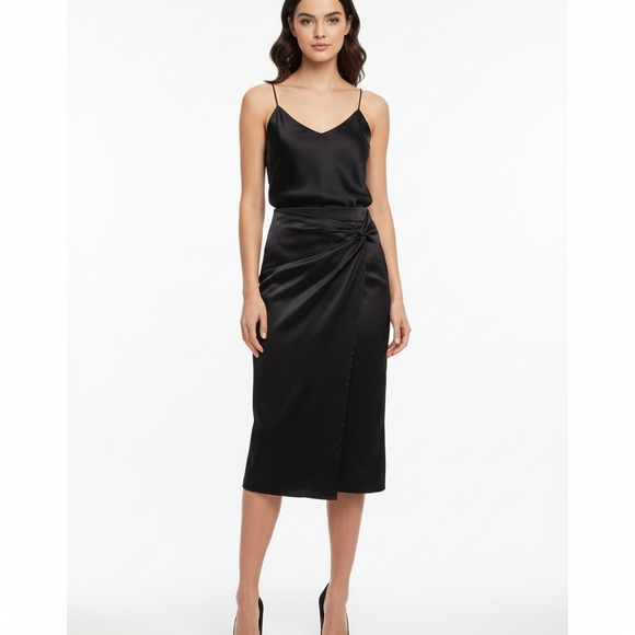 Nine West Dresses & Skirts - Nine West Black Faux Wrap Satin Finish Midi Skirt Size S NWT